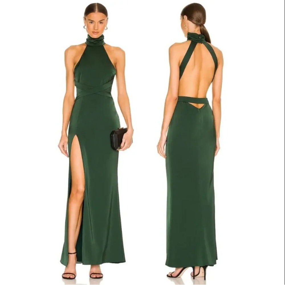 NBD Revolve Emerald Green Everett Gown High Neck Open Back Maxi Dress S